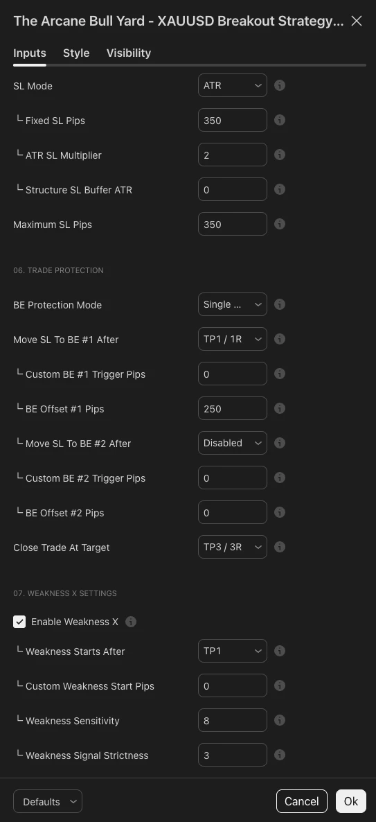 Stop loss, breakeven and Weakness X settings